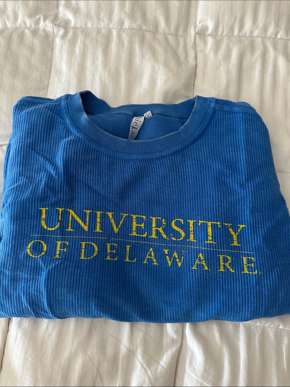 University of Delaware Blue Crewneck Sweatshirt with Yellow Lettering